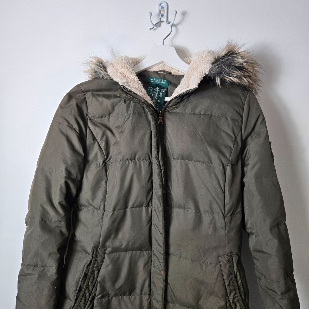 Lauren Ralph Lauren Size S Green Down Puffer Parka Coat Faux Fur Hood - Picture 2 of 16